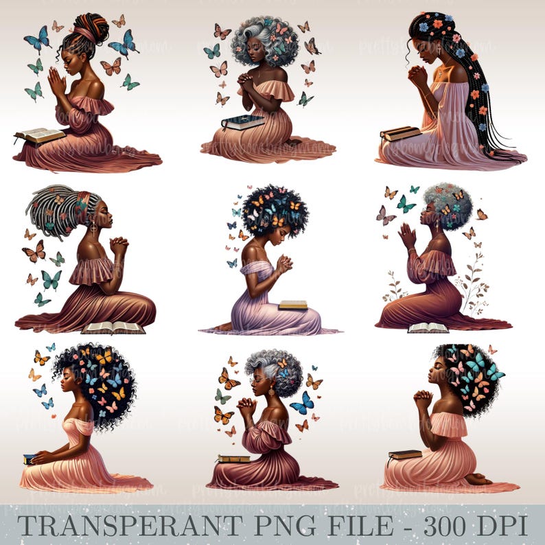 May include: Nine digital illustrations of women of color praying with butterflies surrounding them. Each woman is wearing a different dress and has a different hairstyle. They are all holding a book in their hands.
