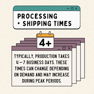 May include: A graphic illustration featuring a teal-topped window box labeled PROCESSING + SHIPPING TIMES. Below, a calendar icon displays 4+ above a stack of layered windows containing the text: TYPICALLY, PRODUCTION TAKES 4-7 BUSINESS DAYS. THESE TIMES CAN CHANGE DEPENDING ON DEMAND AND MAY INCREASE DURING PEAK PERIODS.