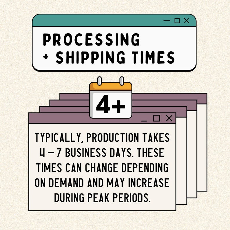May include: A graphic illustration featuring a teal-topped window box labeled PROCESSING + SHIPPING TIMES. Below, a calendar icon displays 4+ above a stack of layered windows containing the text: TYPICALLY, PRODUCTION TAKES 4-7 BUSINESS DAYS. THESE TIMES CAN CHANGE DEPENDING ON DEMAND AND MAY INCREASE DURING PEAK PERIODS.