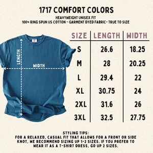 May include: A blue t-shirt with a size chart displaying length and width measurements in inches for sizes S through 3XL. The text reads 1717 Comfort Colors, Heavyweight Unisex Fit, 100% Ring Spun US Cotton, Garment Dyed Fabric, True to Size, and styling tips.