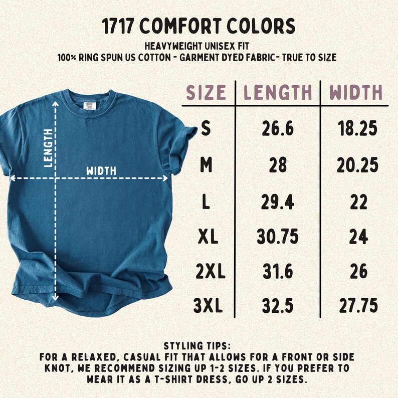 May include: A blue t-shirt with a size chart displaying length and width measurements in inches for sizes S through 3XL. The text reads 1717 Comfort Colors, Heavyweight Unisex Fit, 100% Ring Spun US Cotton, Garment Dyed Fabric, True to Size, and styling tips.