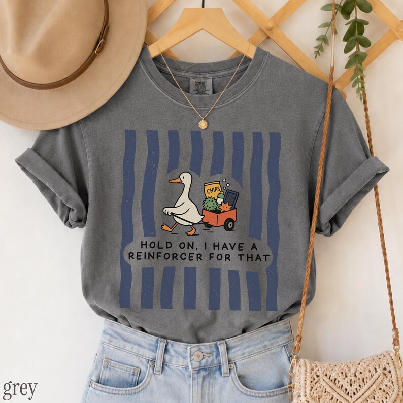 May include: A charcoal grey t-shirt featuring a graphic of a white goose pulling a red wagon filled with items including a bag labeled CHIPS. The design includes vertical blue stripes and the text HOLD ON, I HAVE A REINFORCER FOR THAT.