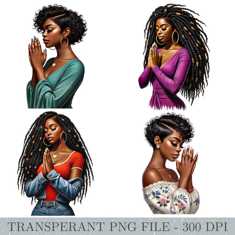 May include: Four digital illustrations of women with different hairstyles and clothing, all with their hands clasped in prayer.