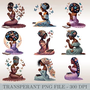 May include: Nine digital illustrations of women with butterfly wings praying with a book in their hands. The women are wearing different colored dresses and have different hairstyles. The background is white.