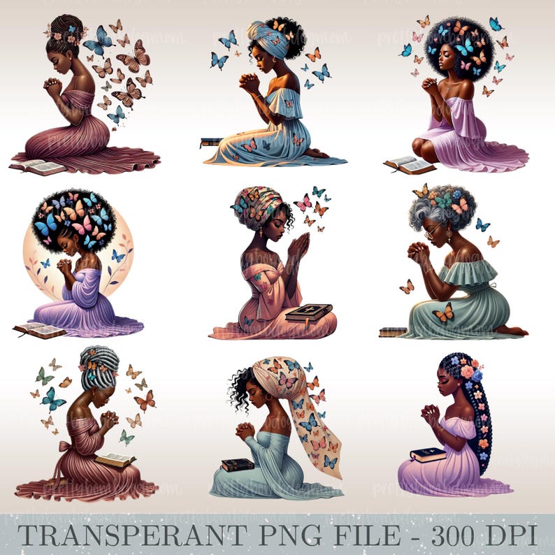 May include: Nine digital illustrations of women with butterfly wings praying with a book in their hands. The women are wearing different colored dresses and have different hairstyles. The background is white.