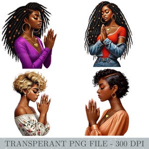 May include: Four digital illustrations of women with different hairstyles and clothing, each with their hands clasped in prayer. The women are depicted with brown skin and are wearing various outfits, including a purple shirt, a red shirt with a denim jacket, a white floral top, and a peach top.