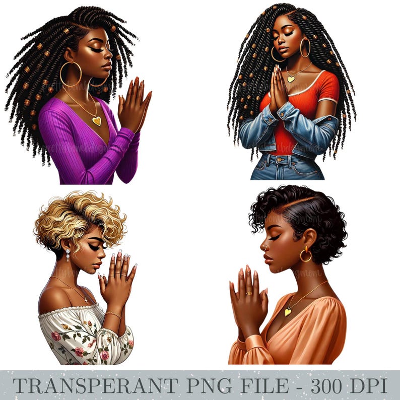 May include: Four digital illustrations of women with different hairstyles and clothing, each with their hands clasped in prayer. The women are depicted with brown skin and are wearing various outfits, including a purple shirt, a red shirt with a denim jacket, a white floral top, and a peach top.