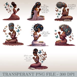May include: Six digital illustrations of women praying with butterflies and bible verses. The women are all wearing dresses and have different hairstyles. The verses are: "God is within her, she will not fail" (Psalms 46:5), "She is more precious than jewels and nothing you desire can compare with her" (Proverbs 3:15), "I can do all things through Christ who strengthens me" (Philippians 4:13), "He has made everything beautiful in its time" (Ecclesiastes 3:11).