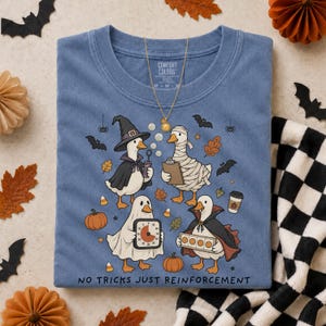 May include: A blue t-shirt featuring a graphic of four geese dressed in Halloween costumes, including a witch, a mummy, a ghost, and a vampire. The text below reads NO TRICKS JUST REINFORCEMENT. A gold-toned star pendant necklace rests on the neckline.