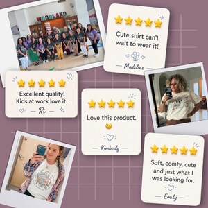May include: A collage of customer reviews featuring five-star ratings and text testimonials alongside photographs of people wearing graphic t-shirts. The reviews include phrases like Cute shirt can't wait to wear it, Excellent quality, and Love this product.