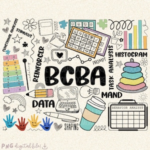 May include: A digital illustration with the text "BCBA" surrounded by hand-drawn elements. Includes a xylophone, rainbow, laptop, coffee cup, and the words "Data," "Reinforcer," and "Histogram." The image has a whimsical, educational theme.