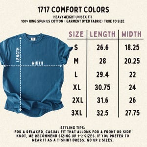 May include: A blue t-shirt with a size chart displaying length and width measurements in inches for sizes S through 3XL. The text reads 1717 Comfort Colors, Heavyweight Unisex Fit, 100% Ring Spun US Cotton, Garment Dyed Fabric, True to Size, and styling tips.