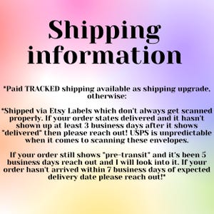 May include: Text on a pink and purple background with information about shipping and delivery. The text says "Shipping information" and includes details about tracked shipping, Etsy labels, and delivery timeframes. It also mentions reaching out if an order is delayed.