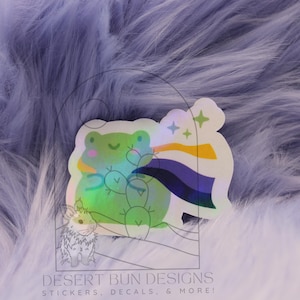 Nonbinary pride sticker, cute frog pride sticker, holographic, rainbow