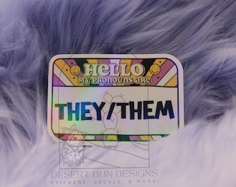 They/Them pronoun sticker, pride sticker, holographic rainbow laptop decal