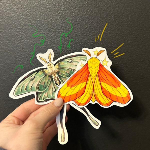 Rosy Maple Moth and Luna Moth Duo Sticker Set