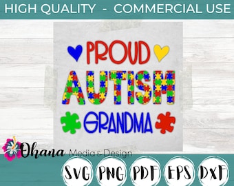 Autism SVG | Proud Autism Grandma Heart and Puzzle Piece Design  | Commercial Use Instant Download Svg, Png, Pdf, Eps, Dxf