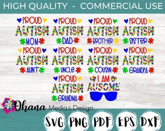 Proud Autism Family Bundle Heart and Puzzle Piece Design Commercial Use Instant Download Svg, Png, Pdf, Eps, Dxf