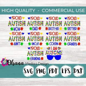 Proud Autism Family Bundle Heart and Puzzle Piece Design Commercial Use Instant Download Svg, Png, Pdf, Eps, Dxf image 1