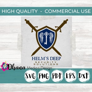 Könnte beinhalten: Ein blauer Schild mit einem Schlüssel und zwei Löwenköpfen, gekreuzten Schwertern und dem Text "Helm's Deep Security Solutions" und "Ohana Media & Design". Der Text "SVG PNG PDF EPS DXF" befindet sich unter dem Logo.