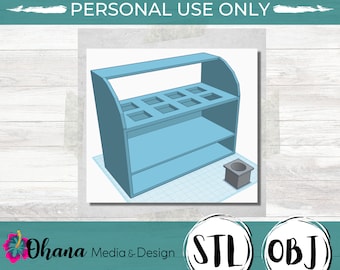 Puede incluir: Un modelo 3D de una estantería azul claro con 8 compartimentos cuadrados y un pequeño contenedor cilíndrico gris. La estantería está diseñada para almacenar y organizar artículos. El modelo está etiquetado como "STL OBJ".