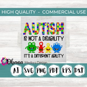 Autism Awareness Design | It&#39;s Not a Disability It&#39;s a Different Ability | Commercial Use Instant Download Ai, Svg, Png, Pdf, Eps, Dxf