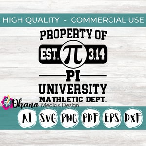 May include: Black and white graphic design with the text "PROPERTY OF EST. π 3.14 PI UNIVERSITY MATHLETIC DEPT."  The design is in a circle with a white background and black outline. The text is in a bold font. The design is on a wooden background.
