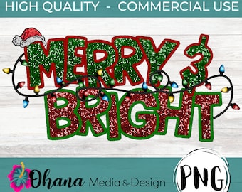 Christmas Faux Embroidery | Merry and Bright Christmas Design | Faux Sequin Faux Glitter | Christmas Lights | Commercial Use Direct Download