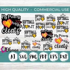 ソフトボール ファミリー バンドル SVG | 家族全員で楽しめる 16 種類のソフトボール デザイン | 私のプリンセスはスパイクを履いています | カッティング マシンの商用利用