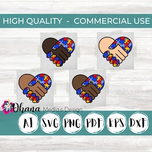 Autism Heart Handshake With Puzzle Pieces | 4 Designs Featuring Various Skin Colors Commercial Use Instant Download Svg, Png, Pdf, Eps, Dxf