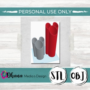 May include: A 3D printed pencil holder with a Mickey Mouse design. The holder is made of two red and two gray cylinders. The cylinders are arranged in a Mickey Mouse shape. The holder is on a blue and white grid background.