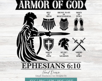 Armadura de Dios (svg), Pónganse toda la armadura de Dios (png), Efesios 6:10 (svg), Regalo religioso (svg), Uso de máquinas de corte y archivos DTF en pequeñas empresas