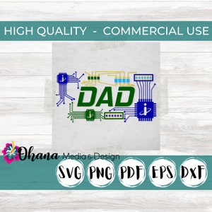 May include: A green "DAD" text design with blue and yellow circuit board elements. The design includes a blue and white chip with a stylized letter "i" and a blue circle with a white arrow.