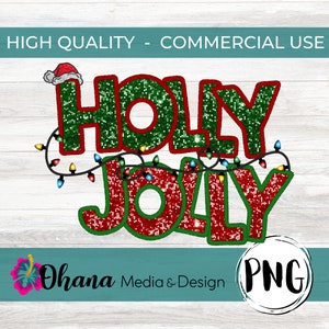 Namaakborduurwerk kerst | Holly Jolly Christmas-ontwerp | Imitatie pailletten imitatie glitter | Kerstverlichting | Commercieel gebruik DTF