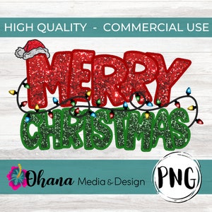 Ricamo finto di Natale / Paillettes di Buon Natale / Design di Natale con cappello di Babbo Natale e luci di Natale / Uso commerciale DTF