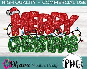 Christmas Faux Embroidery | Merry Christmas Sequin | Xmas Design with Santa Hat and Christmas Lights | Commercial Use DTF