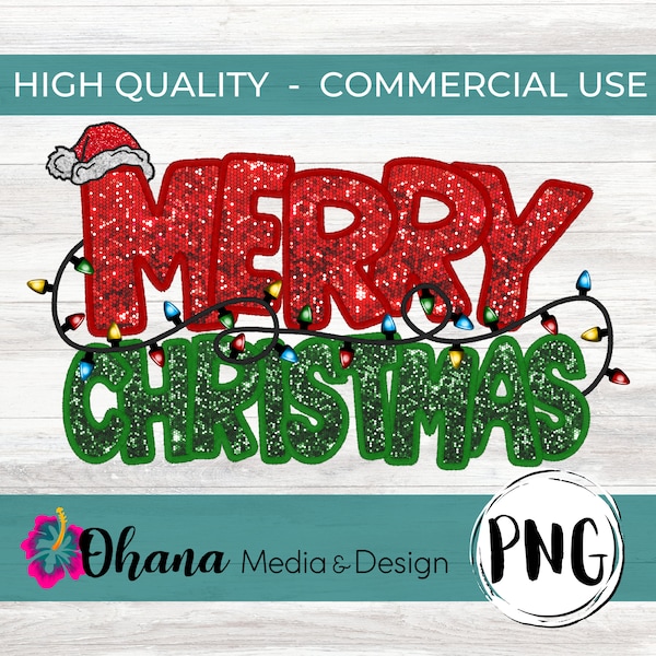 Christmas Faux Embroidery | Merry Christmas Sequin | Xmas Design with Santa Hat and Christmas Lights | Commercial Use for Sublimation