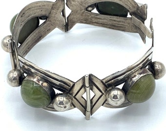 Vintage Mexican Sterling Four-panel Bracelet Green Stones