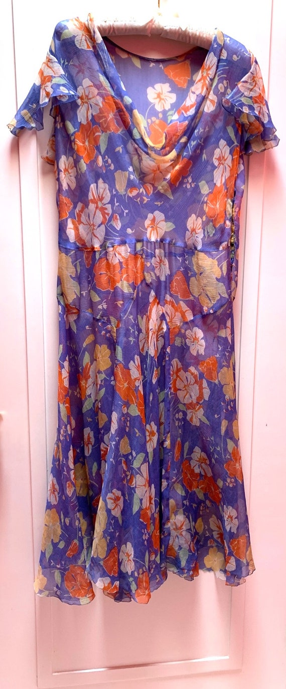 Vintage 1930's Sky Blue Floral Silk Chiffon Bias-C