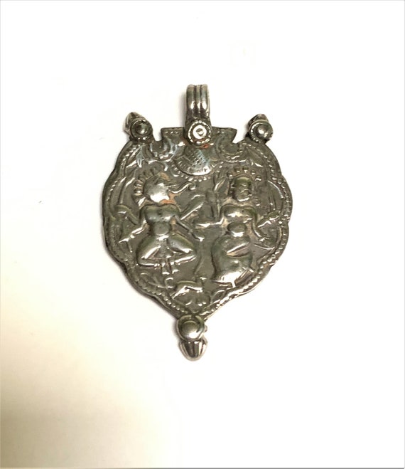 Antique Original Silver Pendant Rajasthan Amulet India Ganesh & Parvati