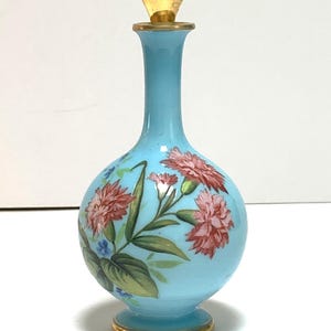 Antique Blue Opaline Glass Floral Enameled Perfume Scent Bottle Gold Stopper and Trim