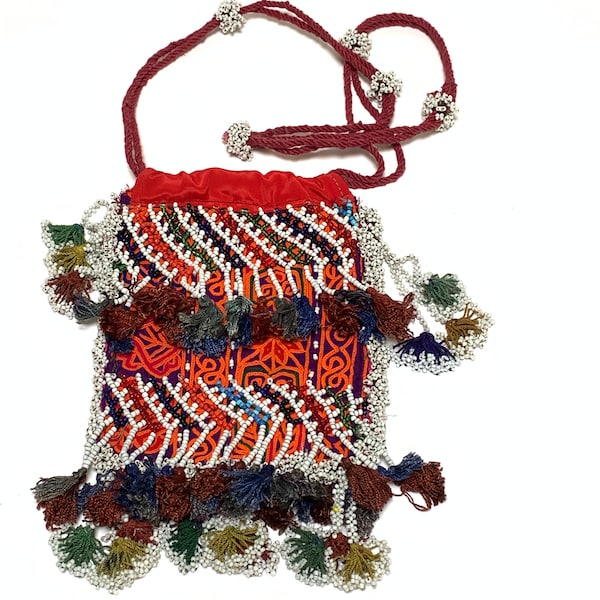 vintage Afghan Kuchi Netted Beadwork Pashtun Brodé Cordon Sac à main, Art populaire ethnique, Boho Chic