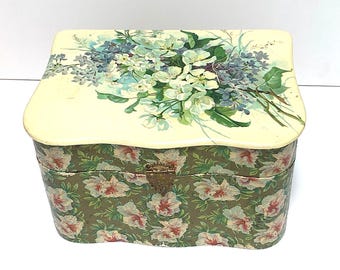 Antique Victorian Floral Celluloid Jewelry Vanity Dresser Storage Box, Excellent