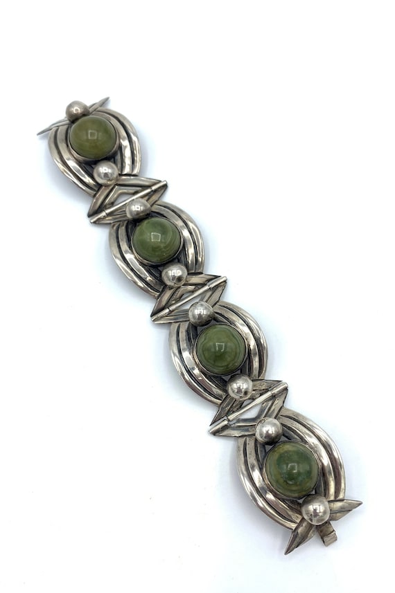 Vintage Mexican Bracelet ゴールデンサイズ レアデザイン Vintage 1940s Mexico 925 Silver Bracelet With Carved Green
