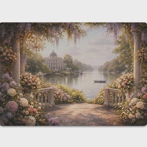 Peut inclure: Une impression d'art mural rectangulaire montrant une terrasse en pierre avec balustrades, encadrée par des glycines suspendues et des hortensias en fleurs. La vue donne sur un lac calme avec une petite barque et un bâtiment à dôme.