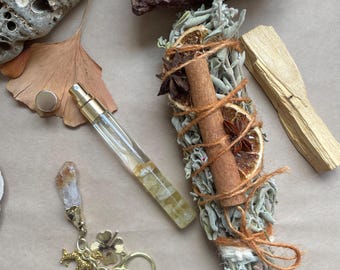 Handmade Abundance Ritual Kit, Citrine Aromatherapy, Smudge Bundle, Palo Santo