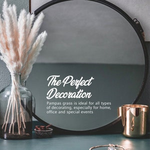 May include: A round mirror with a black frame, a vase with dried pampas grass, a small bowl with cinnamon sticks, and a gold metal cup. The text "The Perfect Decoration" is written in white cursive font below the mirror. The text "Pampas grass is ideal for all types of decorating, especially for home, office and special events" is written in white below the cursive text.
