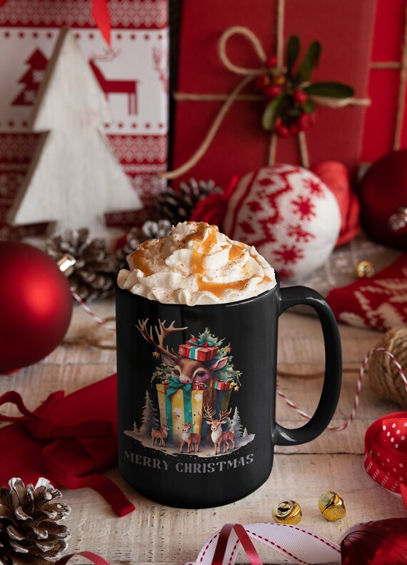 トナカイのクリスマスマグ、ホリデーブラックコーヒーマグ、15オンス