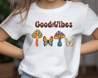 Retro Mushroom and Butterfly T-shirt, Mushroomcore Tshirt, Butterflies and Night Mushrooms Aesthetic Tshirt, Kids Goodvibes Shirt, Kids Tee