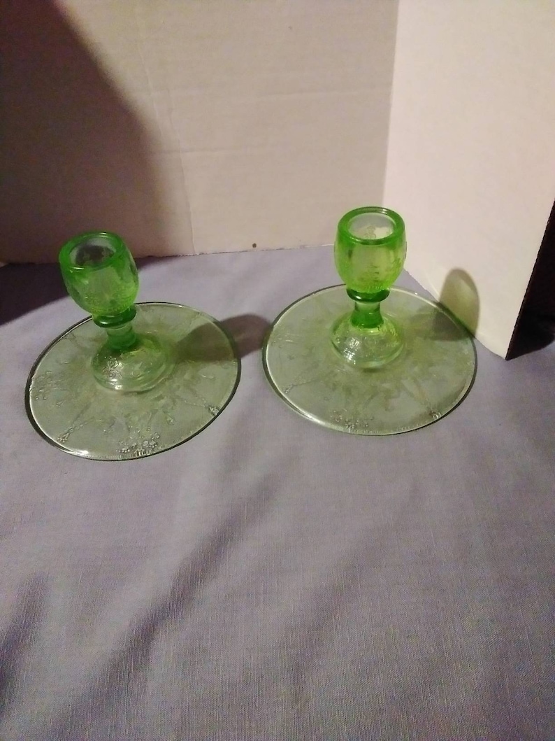 Green Depression Glass Candle Holders Etsy